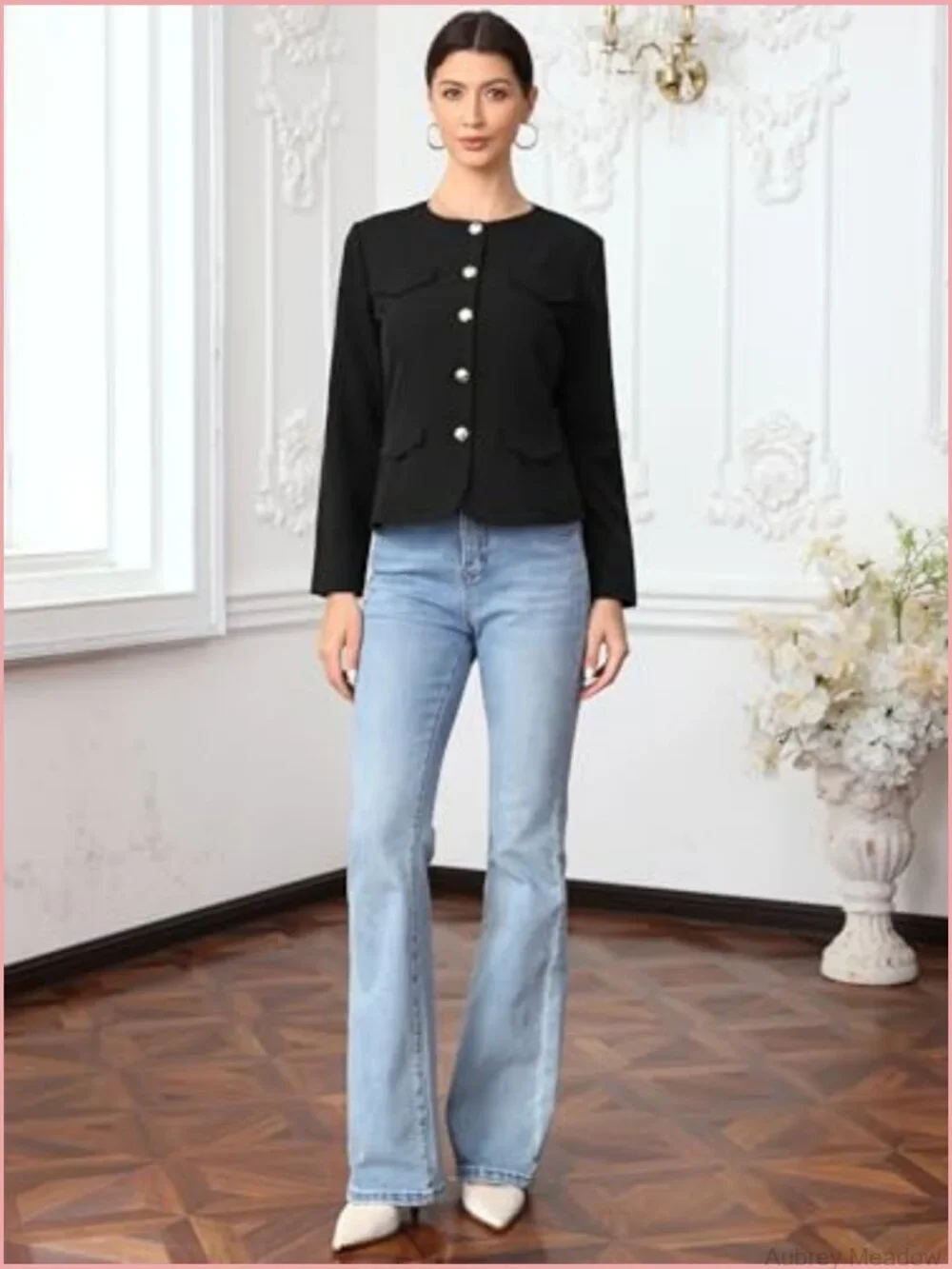 Collarless Blazer Jacket Business Casual Fitted Long Sleeve Button Down Work
